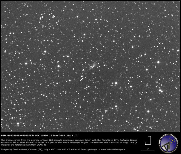 Scopri di più sull'articolo Possibile Supernova PSN J19535968+4956078 in UGC 11494: un’immagine (13 giugno 2015)