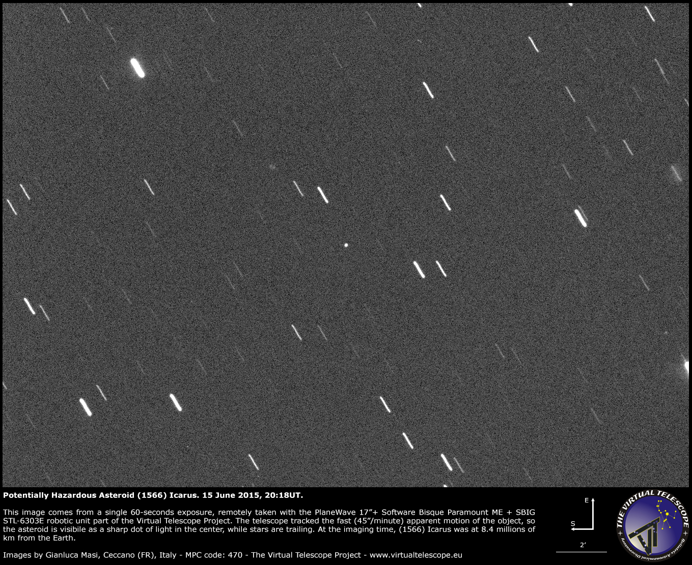 Scopri di più sull'articolo Raro incontro con l’asteroide potenzialmente pericoloso (1566) Icarus: un’immagine (15 giugno 2015)