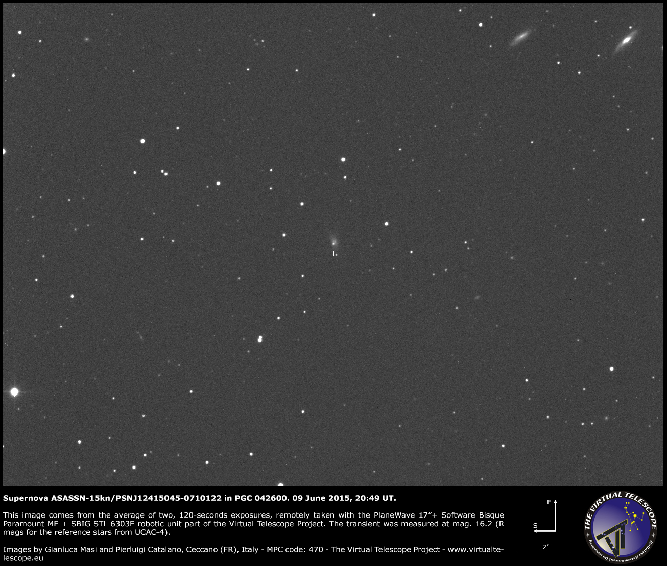 Scopri di più sull'articolo Supernova ASASSN-15kn/PSN J12415045-0710122 in PGC 042600: un’immagine (9 giugno 2015)