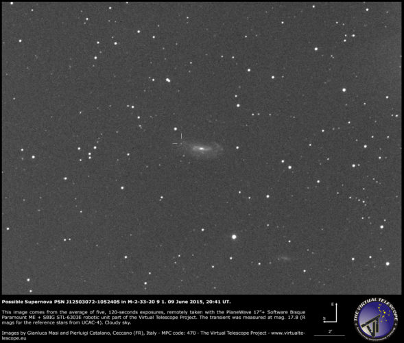 Scopri di più sull'articolo Supernova PSN J12503072-1052405 in M-2-33-20 9 1: un’immagine (9 giugno 2015)