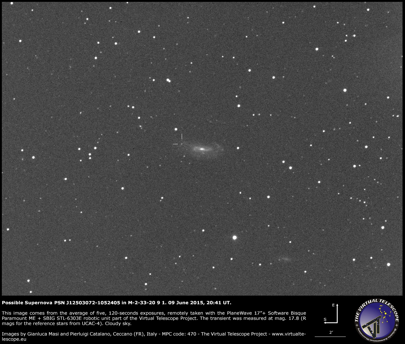 Scopri di più sull'articolo Supernova PSN J12503072-1052405 in M-2-33-20 9 1: un’immagine (9 giugno 2015)