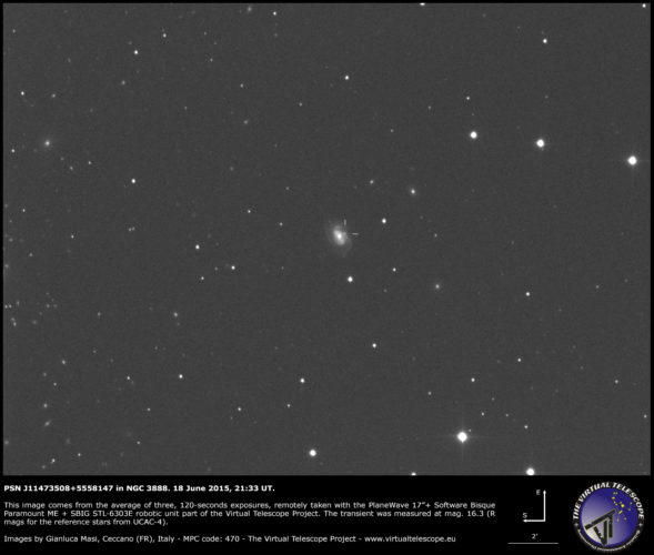 Possibile supernova PSN J11473508+5558147 in NGC 3888: un'immagine (18 giugno 2015)