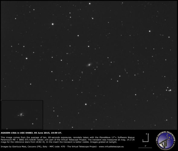 Scopri di più sull'articolo Possibile Supernova ASASSN-15kk in UGC 04883: un’immagine (5 giugno 2015)
