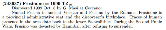 La citazione ufficiale per l'asteroide "(243637) Frosinone", tratto dalla Circolare MPC 97569
