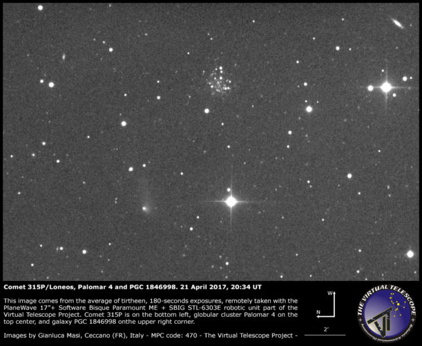 Scopri di più sull'articolo Cometa 315P/Loneos, Palomar 4 e una galassia – 21 Apr. 2017