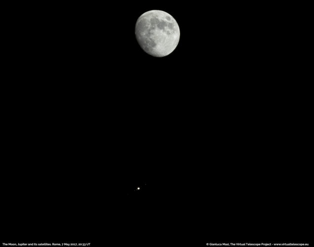 Scopri di più sull'articolo La Luna e Giove con i suoi satelliti Galileiani: una memorabile congiunzione – 7 maggio 2017