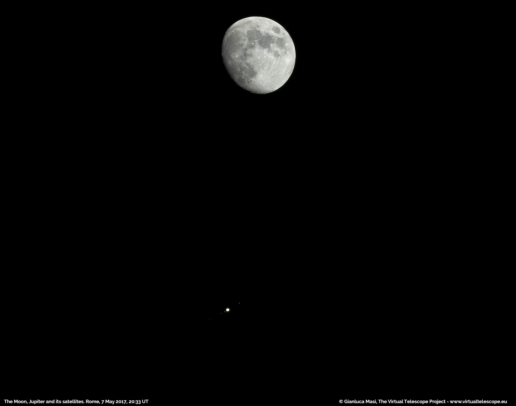 Al momento stai visualizzando La Luna e Giove con i suoi satelliti Galileiani: una memorabile congiunzione – 7 maggio 2017