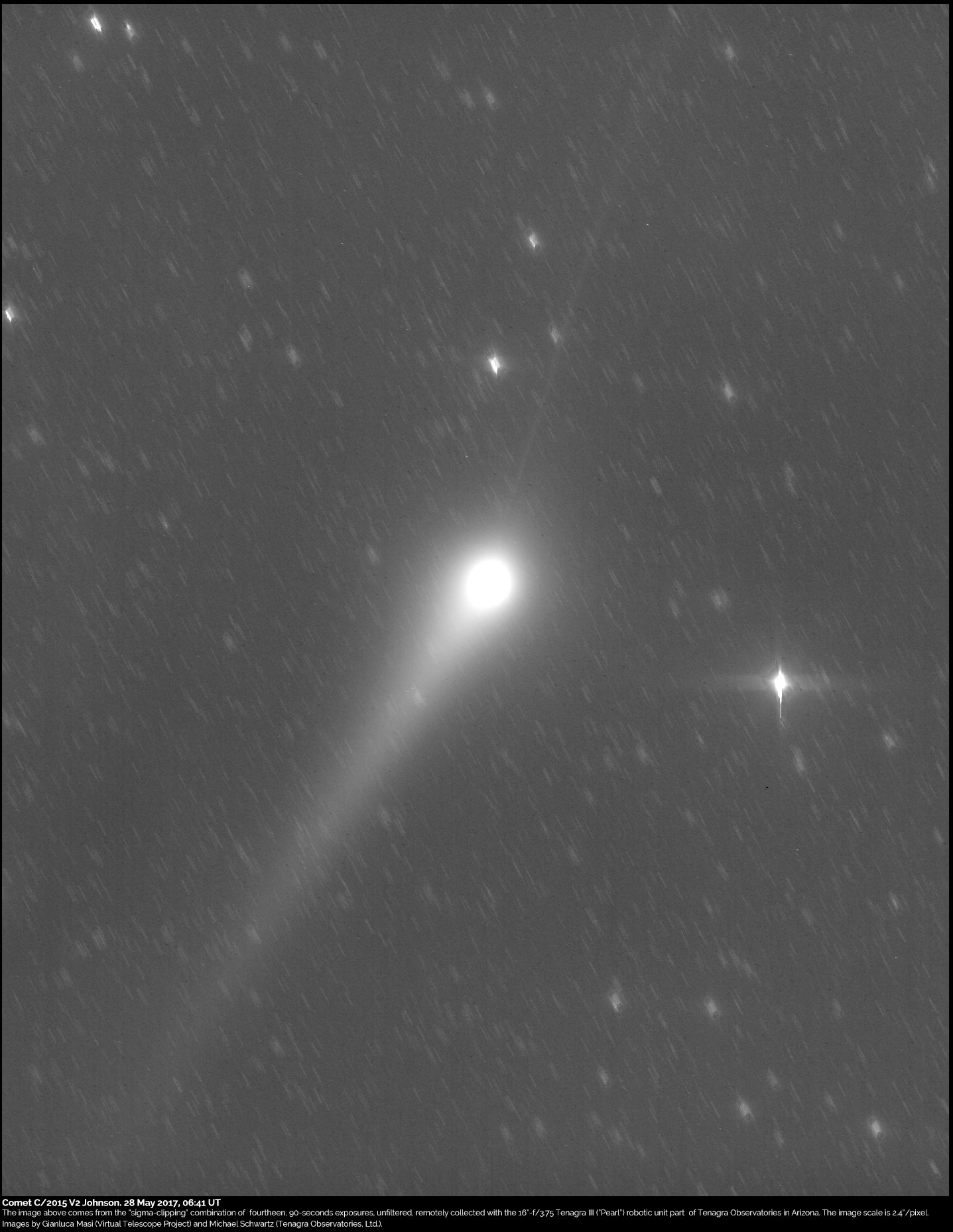 Scopri di più sull'articolo Cometa C/2015 V2 Johnson e la sua anticoda: un’immagine (28 maggio 2017)