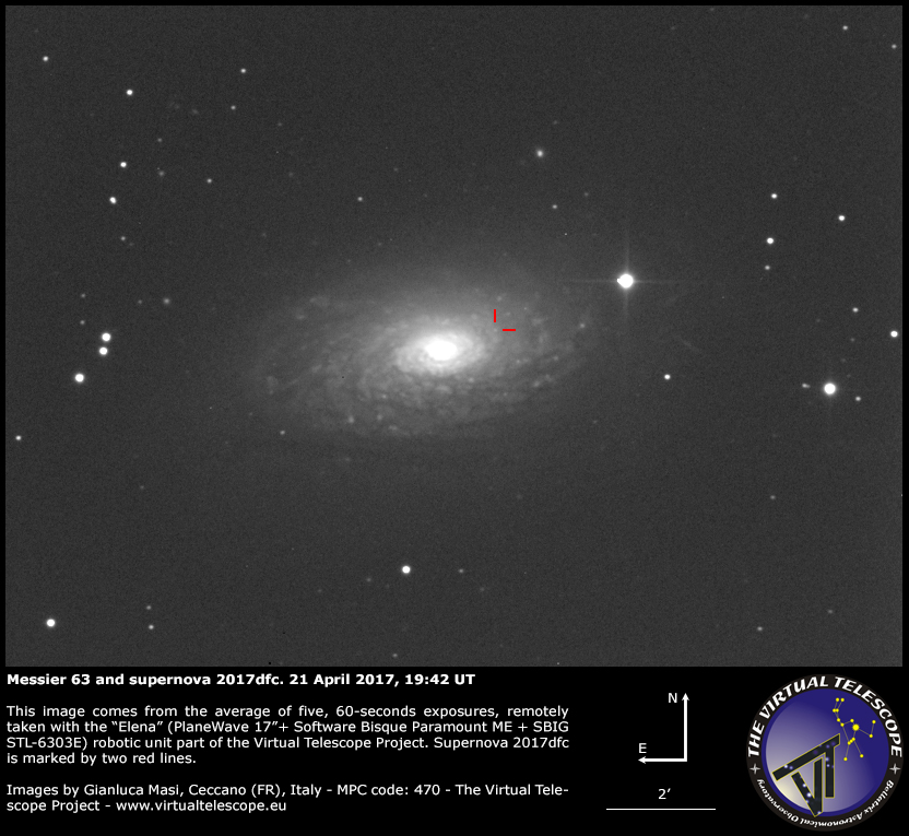 Al momento stai visualizzando Supernova SN 2017dfc e Messier 63: un’immagine (21 Apr. 2017)