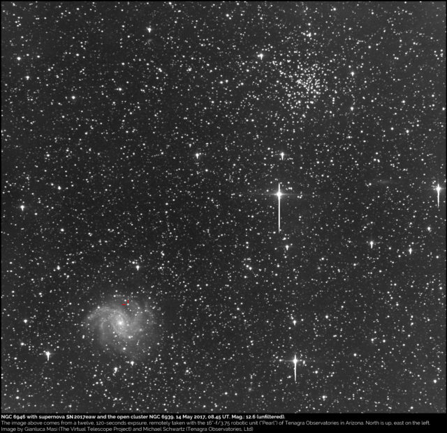 NGC 6946, la supernova SN 2017eaw e l'ammasso aperto NGC 6939. 14 maggio 2017