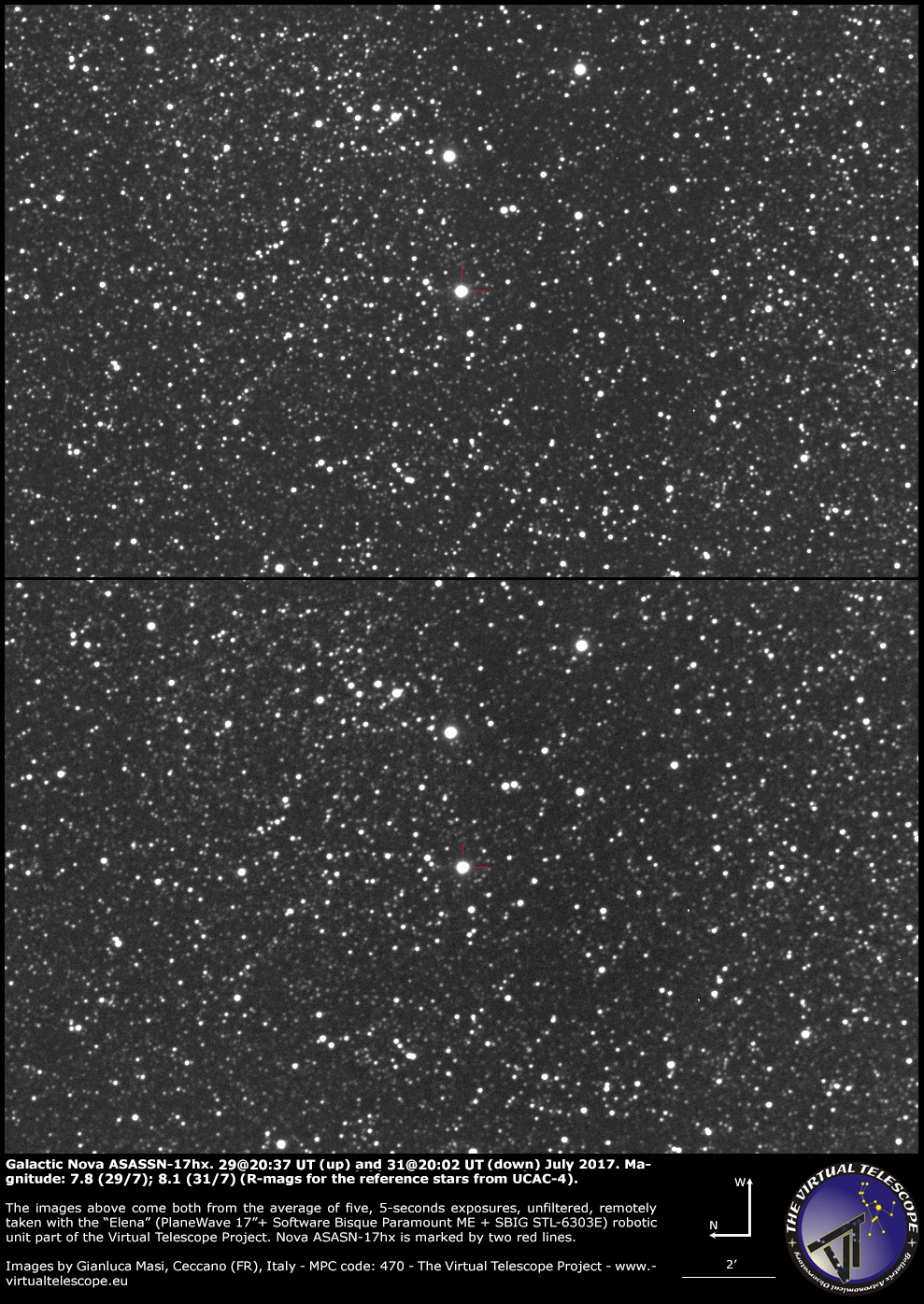 Al momento stai visualizzando La nova ASASSN-17hx probabilmente al suo massimo: nuove immagini del 29 e 31 luglio 2017