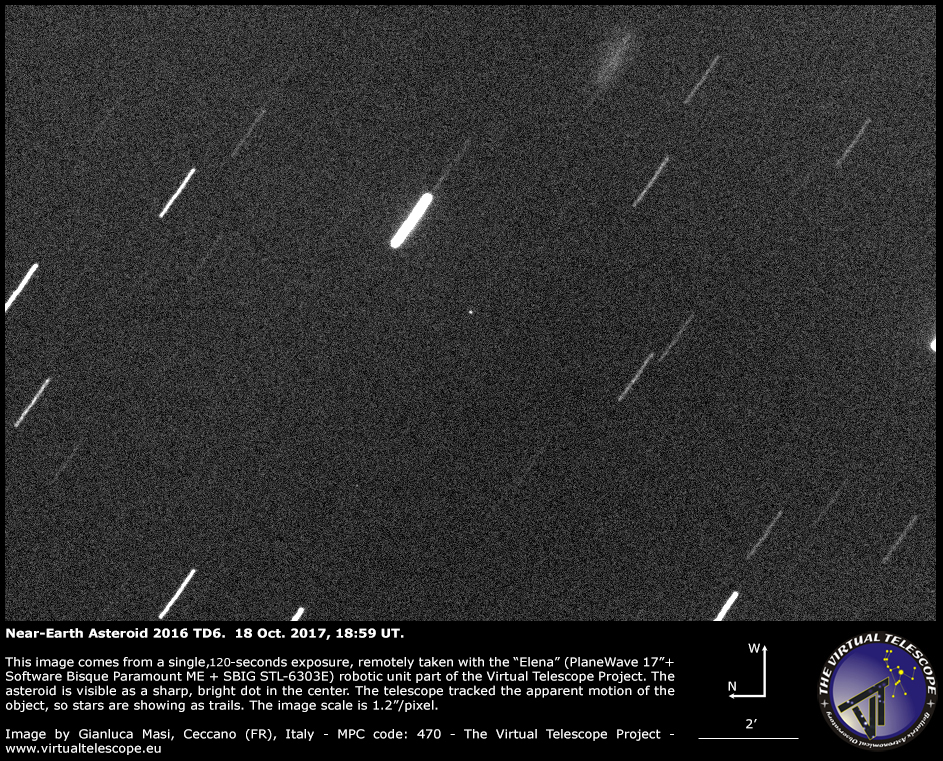 Scopri di più sull'articolo Asteroide near-Earth 2017 TD6, passaggio molto ravvicinato: un’immagine (18 ottobre 2017)