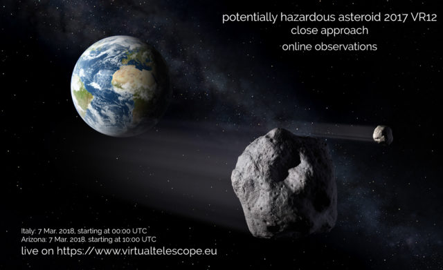 Scopri di più sull'articolo Incontro ravvicinato con l’asteroide potenzialmente pericoloso 2017 VR12: osservazione online – Mar. 2018