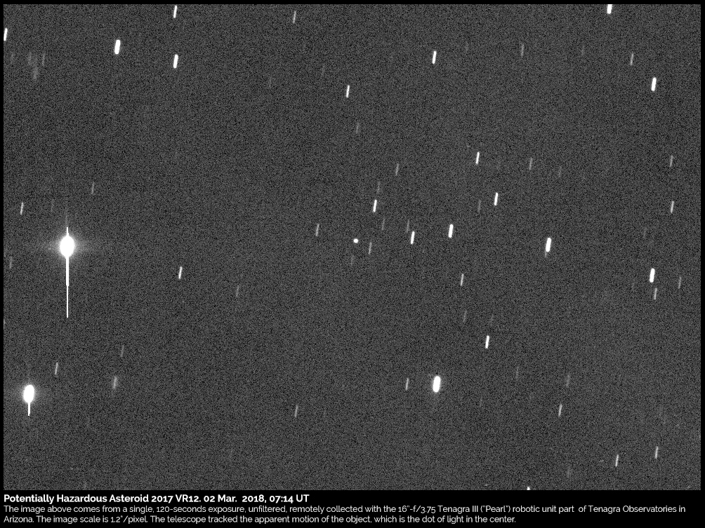 Scopri di più sull'articolo Incontro ravvicinato con l’asteroide potenzialmente pericoloso 2017 VR12: un’immagine (2 marzo 2018)