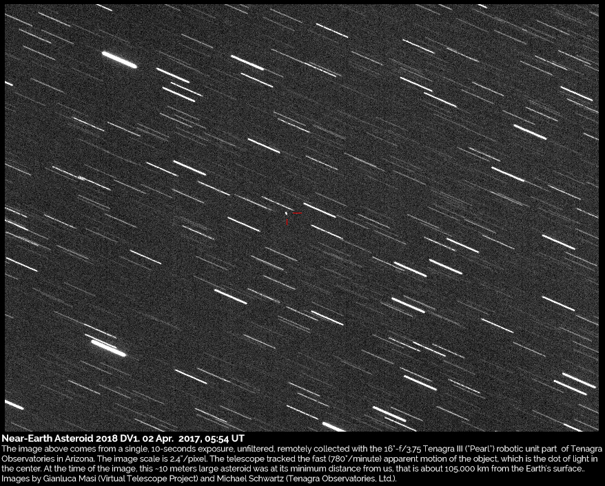 Al momento stai visualizzando Incontro ravvicinato con l’asteroide Near-Earth 2018 DV1: immagine e podcast (02 marzo 2018)