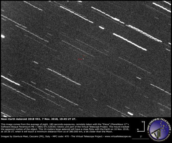 Scopri di più sull'articolo Incontro molto ravvicinato con l’asteroide near-Earth 2018 VX1: immagine del 7 Novembre 2018.