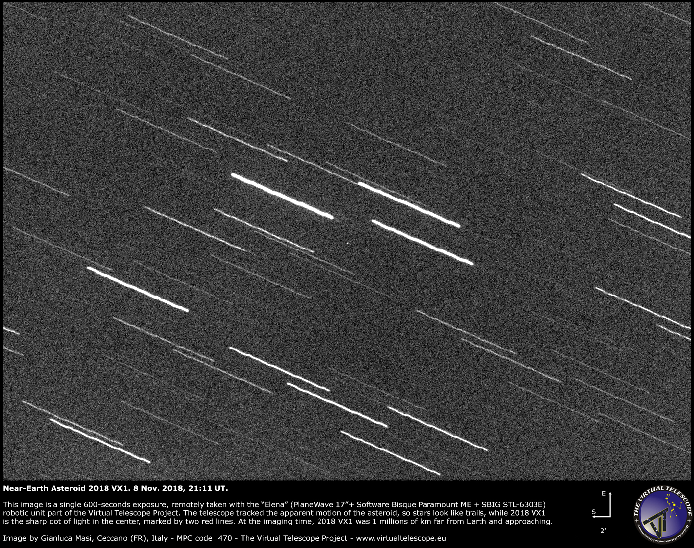Scopri di più sull'articolo Incontro molto ravvicinato con l’asteroide near-Earth 2018 VX1: immagine dell’8 Novembre 2018.