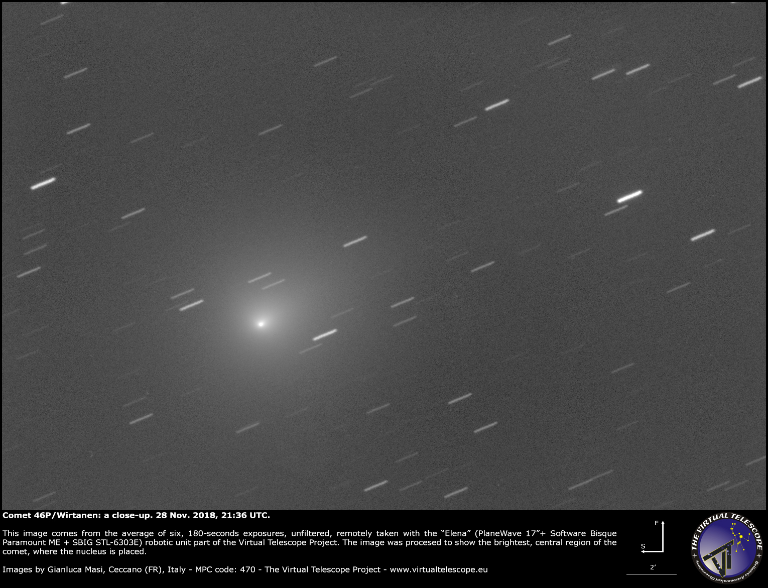 Al momento stai visualizzando La cometa 46/P Wirtanen è sempre più luminosa: eccone un “primo piano” (28 Novembre 2018)