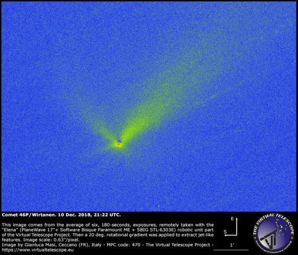 Cometa 46P/Wirtanen dopo l'applicazione di un filtro rotazionale: 10 Dic. 2018