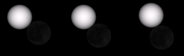 Fig. 3: le principali fasi dell'eclissi vista da Roma: da sinistra a destra inizio, fase massima, fine dell'eclissi